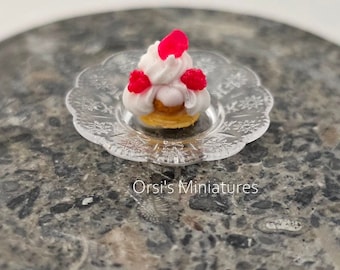 Dollhouse miniature raspberry-rose mini St. Honore cake in 1 inch scale