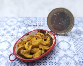 Dollhouse miniature roasted potatoes in red baking pan in 1 inch scale (1:12)