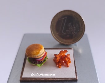 Dollhouse miniature hamburger with sweet potato fries in 1 inch scale