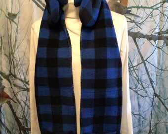 Blue Black Check Fleece Hidden Pocket Scarf With Matching Mittens