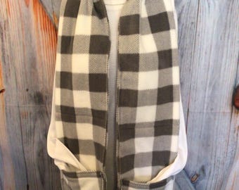 Gray White Buffalo Check Fleece Hidden Pocket Scarf