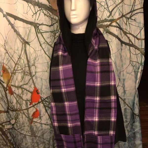 Hooded Purple and Black Fleece Hidden Pocket Scarf