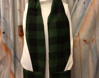 Green and Black Buffalo Check Fleece Hidden Pocket Scarf