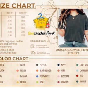Puede incluir: Tabla de tallas y colores para una camiseta unisex te&ntilde;ida en prenda. La tabla incluye medidas en pulgadas para las tallas S a 3XL, junto con una paleta de colores con blanco, negro y otros colores. La camiseta est&aacute; hecha de 100% algod&oacute;n ring-spun.