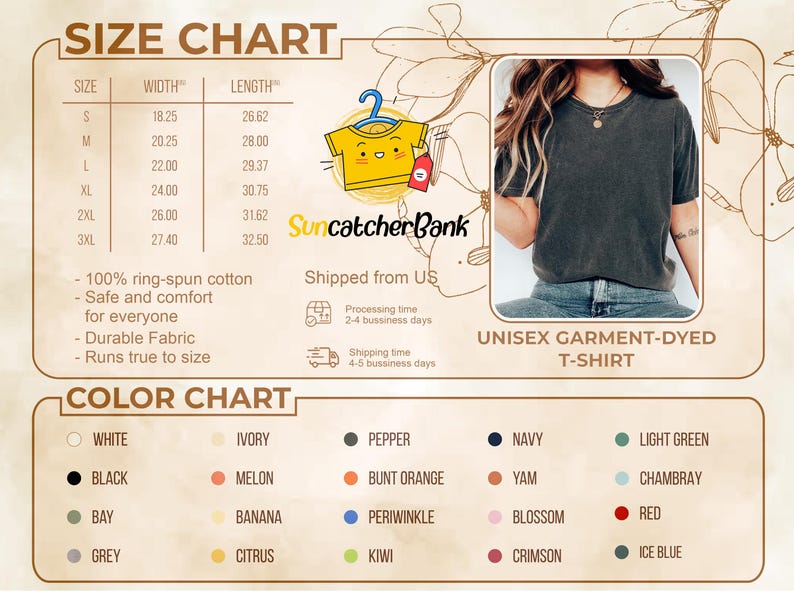 Puede incluir: Tabla de tallas y colores para una camiseta unisex te&ntilde;ida en prenda. La tabla incluye medidas en pulgadas para las tallas S a 3XL, junto con una paleta de colores con blanco, negro y otros colores. La camiseta est&aacute; hecha de 100% algod&oacute;n ring-spun.