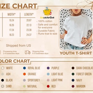 May include: White youth t-shirt with size and color charts. The size chart shows measurements in inches for sizes S, M, L, and XL. Color options include white, black, and red. The shirt is made of 100% cotton and is safe and comfortable.