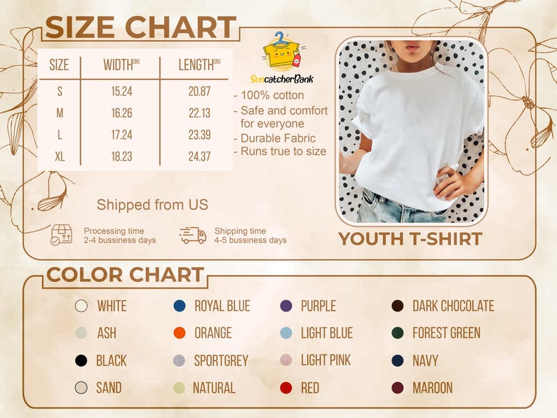May include: White youth t-shirt with size and color charts. The size chart shows measurements in inches for sizes S, M, L, and XL. Color options include white, black, and red. The shirt is made of 100% cotton and is safe and comfortable.