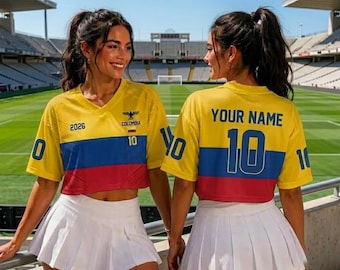 Personalización Camiseta CropTop Colombia / Crop Top de fútbol amarillo personalizado, Fútbol 2026 Ropa retro tricolor Blokecore
