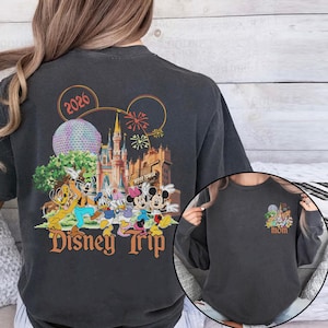 May include: Dark gray sweatshirt featuring a colorful Disney Trip design with Mickey Mouse, Minnie Mouse, and other characters. The design includes a castle, fireworks, and the year 2026. A smaller version of the design is on the sleeve.