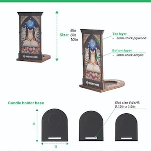 May include: Custom shape suncatcher candle holder with a cat design. Available in 6in, 8in, and 10in sizes. The base sizes are 4.3x3.4in, 4.7x3.7in, and 5.1x4.1in. The slot size is 0.19in x 1.9in. The top layer is 3mm-thick plywood and the bottom layer is 2mm-thick acrylic.
