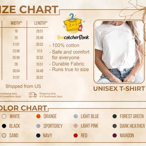 Puede incluir: Tabla de tallas para una camiseta unisex, con medidas en pulgadas para las tallas S a 5XL. La tabla incluye las dimensiones de ancho y largo. Una carta de colores muestra los colores disponibles: blanco, negro, arena, naranja, gris deportivo, azul marino, azul claro, rosa claro, rojo, verde bosque, gris oscuro y granate.