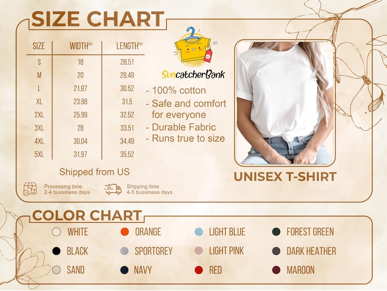 Puede incluir: Tabla de tallas para una camiseta unisex, con medidas en pulgadas para las tallas S a 5XL. La tabla incluye las dimensiones de ancho y largo. Una carta de colores muestra los colores disponibles: blanco, negro, arena, naranja, gris deportivo, azul marino, azul claro, rosa claro, rojo, verde bosque, gris oscuro y granate.