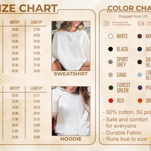 May include: A product size chart and color chart are displayed. The size chart includes measurements for sweatshirts and hoodies, with sizes ranging from S to 5XL. The color chart shows various colors, including white, black, and red.