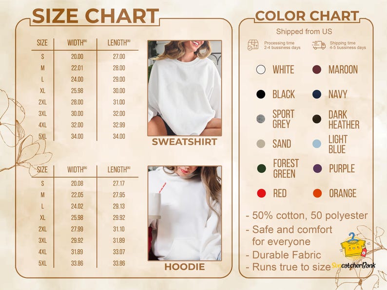 May include: A product size chart and color chart are displayed. The size chart includes measurements for sweatshirts and hoodies, with sizes ranging from S to 5XL. The color chart shows various colors, including white, black, and red.