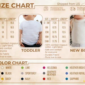 May include: Size chart for toddler and newborn clothing, with measurements in inches. Includes size, width, and length for various sizes. Also shows a color chart with options like white, black, and daisy.