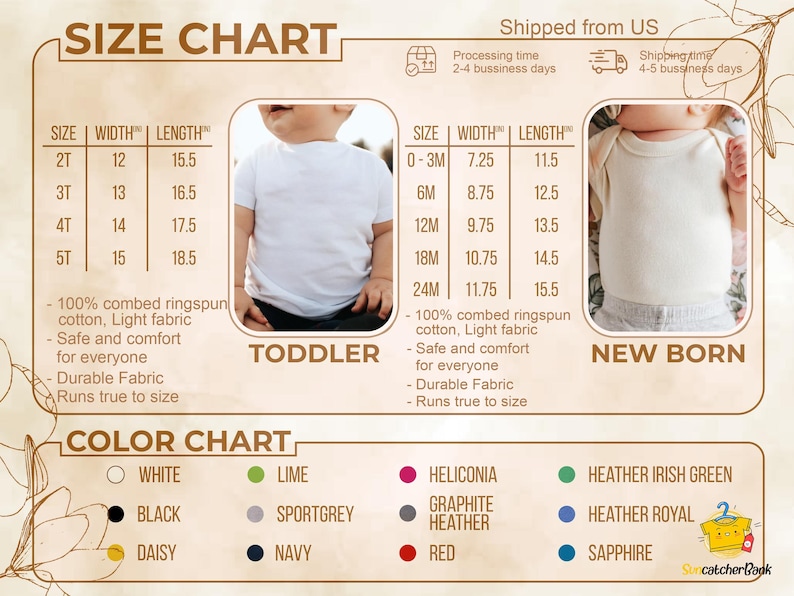 May include: Size chart for toddler and newborn clothing, with measurements in inches. Includes size, width, and length for various sizes. Also shows a color chart with options like white, black, and daisy.