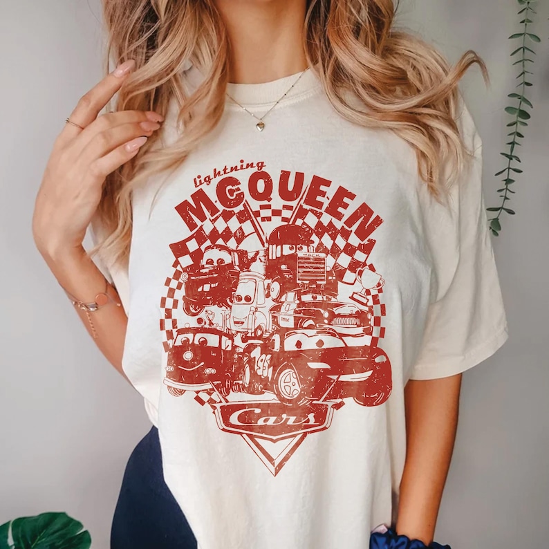 Retro Lightning Mcqueen Comfort Colors Tee, Disney Cars Sweatshirt, Disney Pixar Car Shirt, Car Family Vacation 2026 Tee image 1