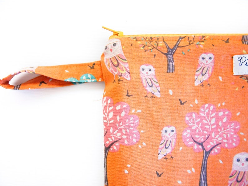 EX-LARGE Zippered Wet Bag Nappy Wallet Diaper Case with an Optional Tab or Wristlet Owls and Trees- Orange