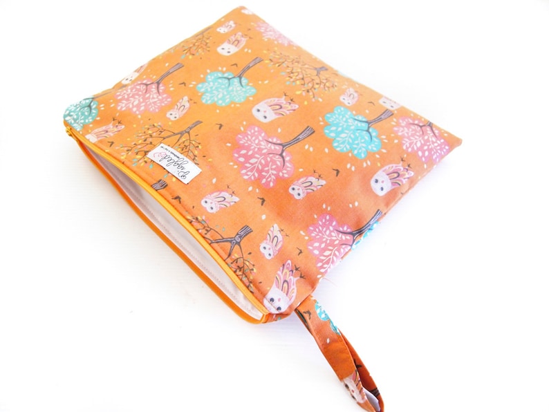 EX-LARGE Zippered Wet Bag Nappy Wallet Diaper Case with an Optional Tab or Wristlet Owls and Trees- Orange