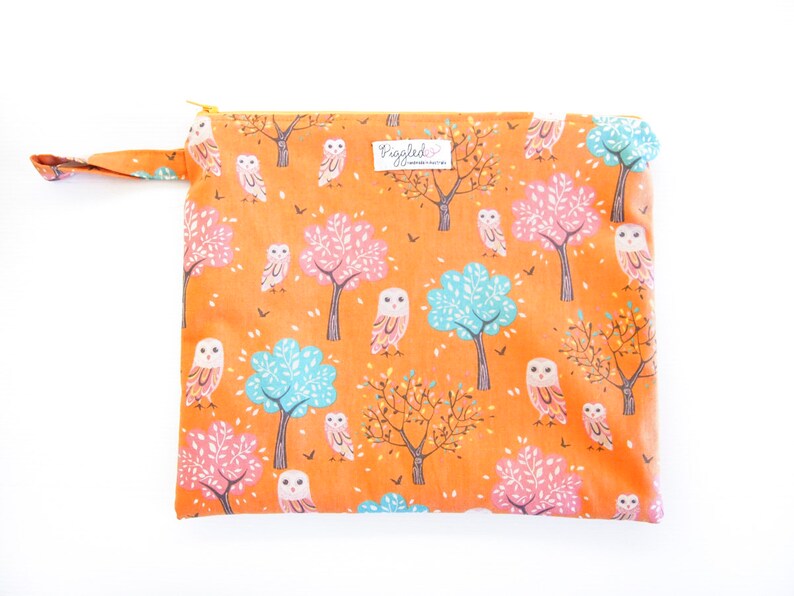 EX-LARGE Zippered Wet Bag Nappy Wallet Diaper Case with an Optional Tab or Wristlet Owls and Trees- Orange