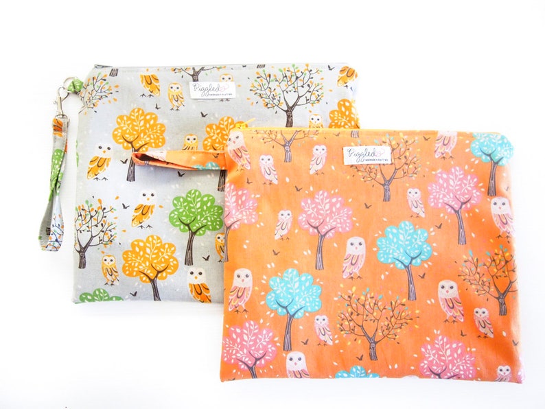 EX-LARGE Zippered Wet Bag Nappy Wallet Diaper Case with an Optional Tab or Wristlet Owls and Trees- Orange