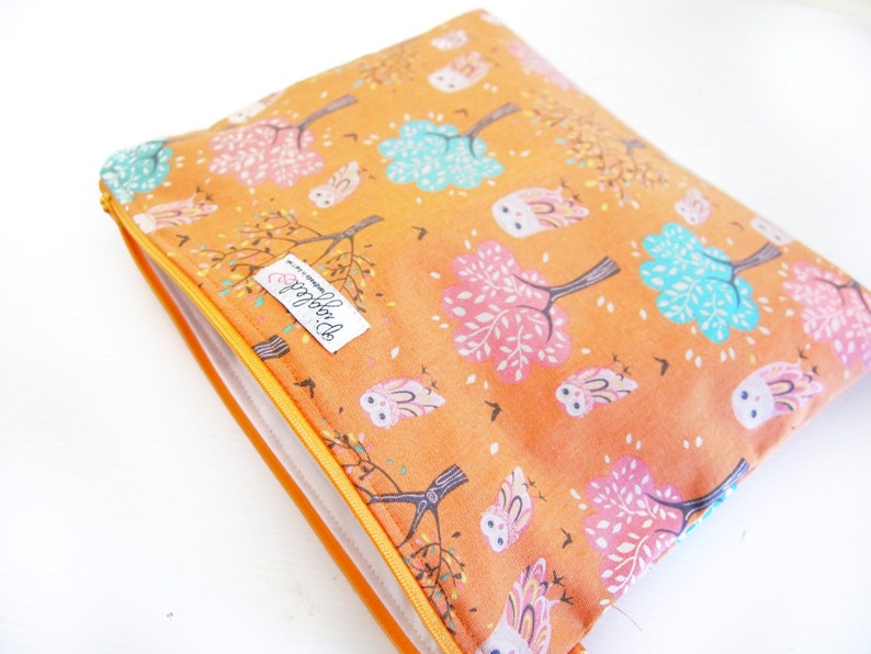 EX-LARGE Zippered Wet Bag Nappy Wallet Diaper Case with an Optional Tab or Wristlet Owls and Trees- Orange