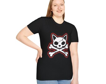 May include: Black t-shirt featuring a white cat skull design with red outline and crossed bones. The graphic has a cracked skull design. The shirt is a crew neck and short-sleeved.