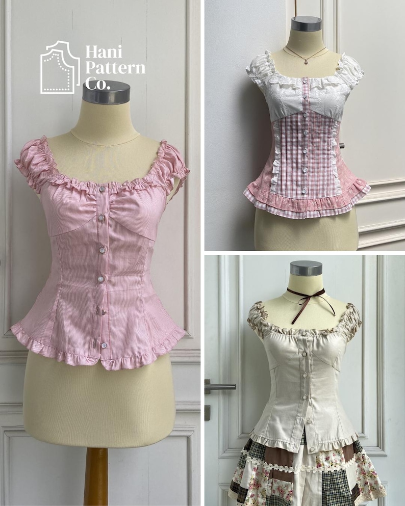 May include: Three fitted tops displayed on mannequins. One is solid light pink with a ruffled neckline and hem. Another is white and pink gingham with a button-down front and ruffles. The third is cream-colored with a button-down front.