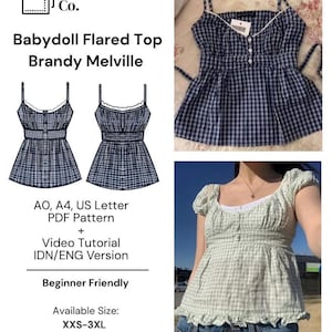 May include: A babydoll flared top pattern with a gingham print. The image shows the top in navy blue and light green. The pattern includes a video tutorial and is beginner-friendly, available in sizes XXS-3XL.