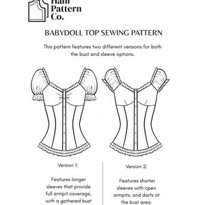 May include: A black and white sewing pattern illustration for a babydoll top by Hani Pattern Co. The graphic displays two versions of the top, both featuring a button-front closure, ruffled trim, and short sleeves with distinct bust and sleeve designs.