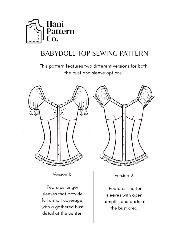 May include: A black and white sewing pattern illustration for a babydoll top by Hani Pattern Co. The graphic displays two versions of the top, both featuring a button-front closure, ruffled trim, and short sleeves with distinct bust and sleeve designs.