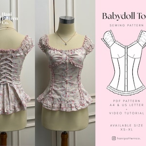 May include: A white babydoll top sewing pattern with a pink floral print, featuring short puff sleeves, a ruffled neckline, a button-front closure, and a lace-up back. The design includes a peplum hem and is available in sizes XS through XL.