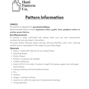 May include: A document titled Hani Pattern Co. Pattern Information listing requirements for non-stretch fabrics including Japanese cotton, poplin, linen, or gingham. It details materials like 1-2 meters of fabric, elastic, 5-6 buttons, and tools.