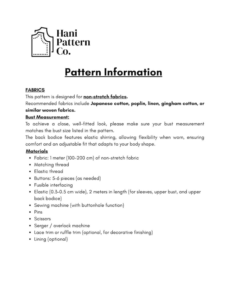 May include: A document titled Hani Pattern Co. Pattern Information listing requirements for non-stretch fabrics including Japanese cotton, poplin, linen, or gingham. It details materials like 1-2 meters of fabric, elastic, 5-6 buttons, and tools.