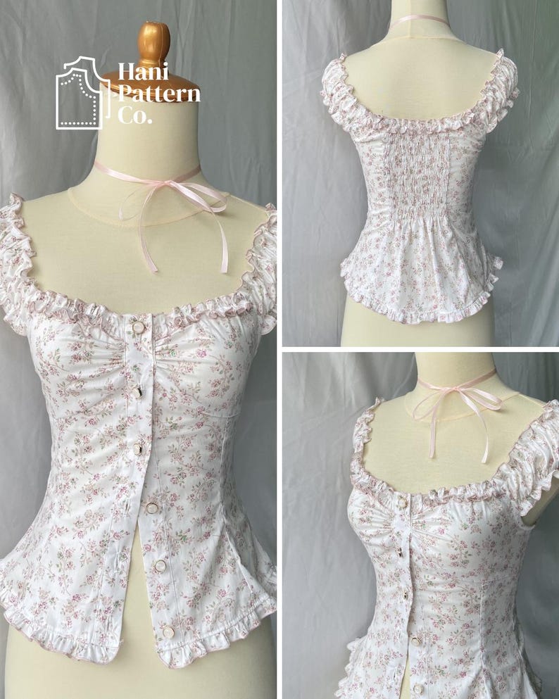 May include: A white blouse with a pink floral print, featuring a square neckline, ruffled cap sleeves, and a front button placket. The garment includes a light pink ribbon tied at the neck and a smocked back panel. The text Hani Pattern Co. is visible.