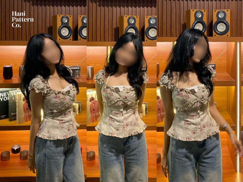 May include: A beige short-sleeved top with a pink floral pattern, featuring a square neckline, ruffled trim, and a button-down front, paired with blue denim jeans. The text Hani Pattern Co. is visible in the upper left corner of the image.