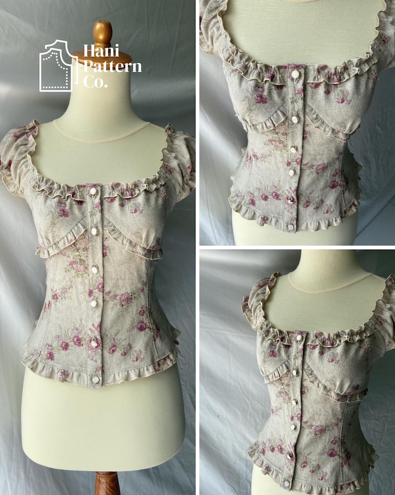 May include: A beige corset-style top featuring a pink floral pattern, a square neckline, short ruffled sleeves, and a front button closure. The garment includes ruffled trim along the neckline, sleeves, and hem, with the text Hani Pattern Co.