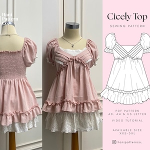 May include: A pink Cicely Top sewing pattern featuring a square neckline, puff sleeves, and a ruffled hem. The design includes a smocked back, a white lace underlayer, and a line drawing illustration. Text includes Cicely Top, Sewing Pattern, PDF Pattern, A0, A4 & US Letter, Video Tutorial, Available Size XXS-3XL, and hani pattern co.