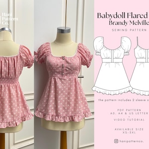 May include: A pink floral babydoll flared top sewing pattern by Hani Pattern Co. The top features short puff sleeves, a square neckline, a button-front bodice, and a ruffled hem. The image includes technical line drawings and text details.