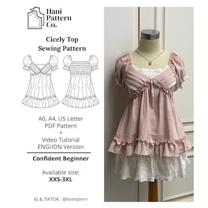 May include: A pink Cicely Top sewing pattern displayed on a mannequin. The top features short, puffed sleeves, a square neckline, and a ruffled hem. The pattern includes a video tutorial and is available in sizes XXS-3XL. The text on the image says "Confident Beginner".