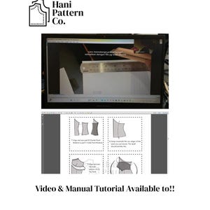 May include: A digital sewing tutorial from Hani Pattern Co. featuring a laptop screen displaying a video with a metal ruler measuring paper, and a document showing four instructional diagrams for garment construction with text and dashed lines.