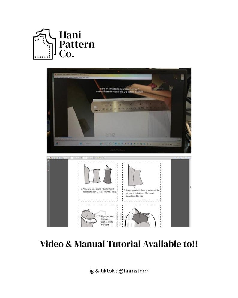 May include: A digital sewing tutorial from Hani Pattern Co. featuring a laptop screen displaying a video with a metal ruler measuring paper, and a document showing four instructional diagrams for garment construction with text and dashed lines.