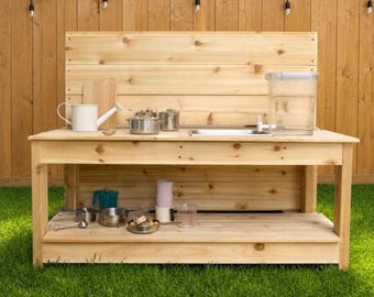 The Muddy Explorer! Two-Sided Cedar Mud Kitchen & Outdoor Science Lab | Bug Observation Station | Montessori Outdoor Two Child Play Center