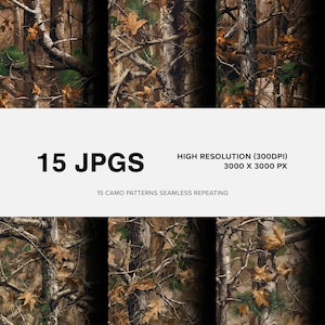 May include: A set of 15 camouflage patterns with a seamless repeating design. The patterns depict a forest scene with brown tree trunks, green pine needles, and fallen leaves. The image text states high resolution at 3000 x 3000 pixels.