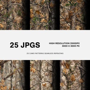 Op de afbeelding: Een verzameling van 25 camouflagepatronen met een naadloos herhalend ontwerp. De patronen bevatten een mix van bruine, groene en bruine kleuren, met afbeeldingen van boomtakken en bladeren. De tekst op de afbeelding luidt "25 JPG's, Hoge resolutie (300DPI), 3000 X 3000 PX".