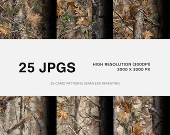 25 patrones de camuflaje de árboles realistas sin costuras (V2): alta resolución, PNG/JPG, patrón repetitivo, diseños de caza en el bosque