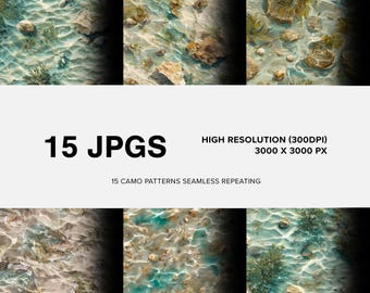 15 patrones de camuflaje oceánico realistas sin costuras (Fondo oceánico V1): alta resolución, PNG/JPG, patrón repetitivo, diseños de caza, camuflaje acuático