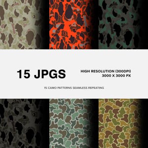 Puede incluir: Una colección de 15 patrones de camuflaje en varios esquemas de color, incluyendo verde, marrón, naranja y gris. La imagen incluye el texto "15 JPGS", "HIGH RESOLUTION (300DPI) 3000 X 3000 PX" y "15 CAMO PATTERNS SEAMLESS REPEATING".