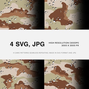 May include: Four camouflage patterns available in SVG and JPG formats. The patterns use a repeating design in brown, beige, and white. The image includes the text "4 SVG, JPG" and "HIGH RESOLUTION (300DPI) 3000 X 3000 PX".