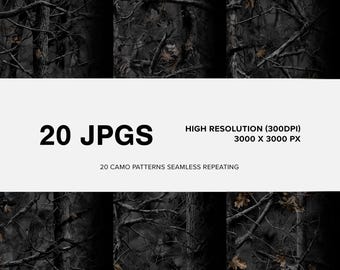 20 patrones de camuflaje de árboles realistas negros sin costuras (Blackout V2): alta resolución, PNG/JPG, camuflaje negro sin costuras, patrón repetido, diseños de caza